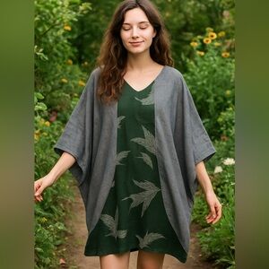 KAREN ZAMBOS oversized caftan tunic top contrasting panel palm tree Whimsigoth S